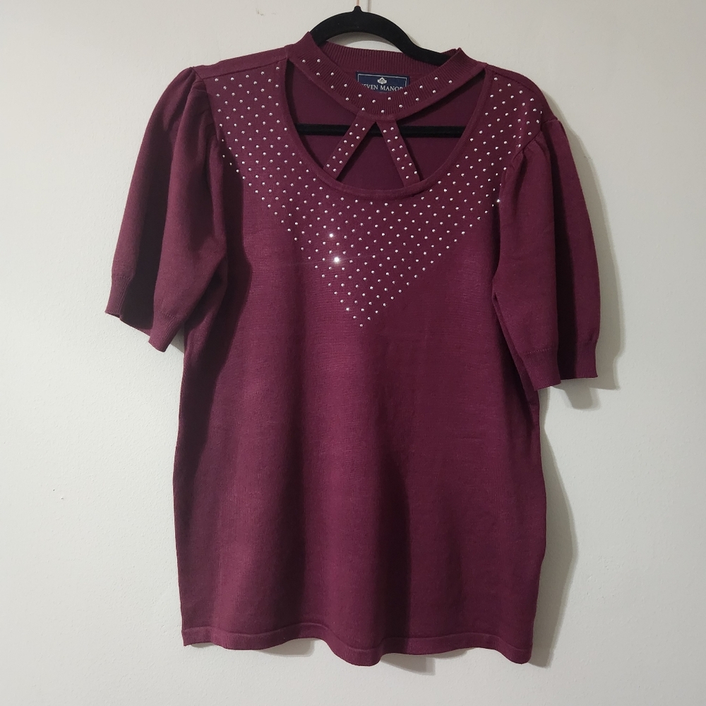 Seven Manor Burgundy Top with Studded Rhinestones Design XL New Blouse